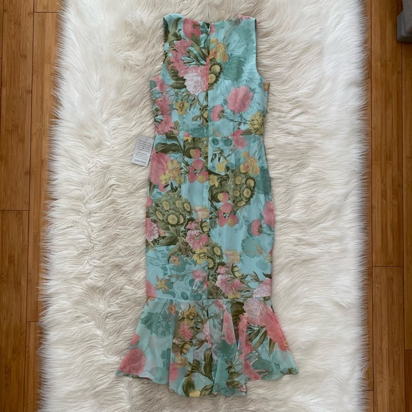 Eliza J Min Blue Pink Floral Sleeveless V-Neck Faux Wrap Front Ruffle Midi Dress - Picture 8 of 13